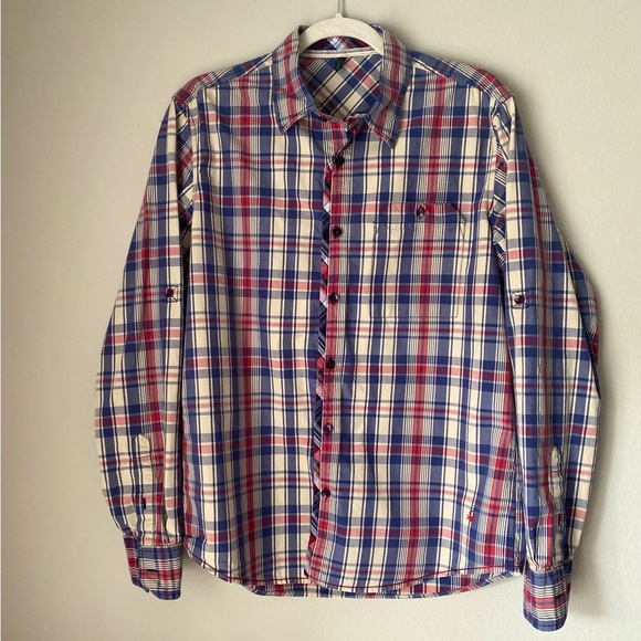 Stile Benetton plaid shirt w/ unique cuff design and ability to roll. Well made. - Picture 1 of 11